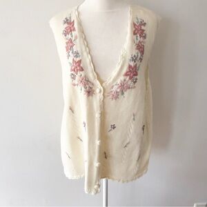 Vintage Women Embroidered Floral Sweater Vest Large Cottagecore Granny Layers